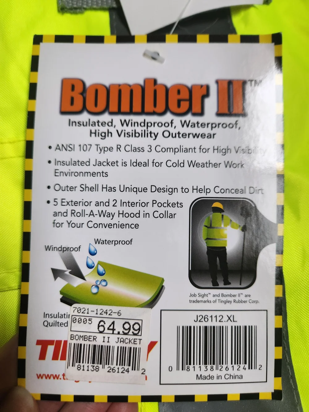 NWT Tingley Bomber II High-Visibility Yellow and Black Safety Work Jacket XL
